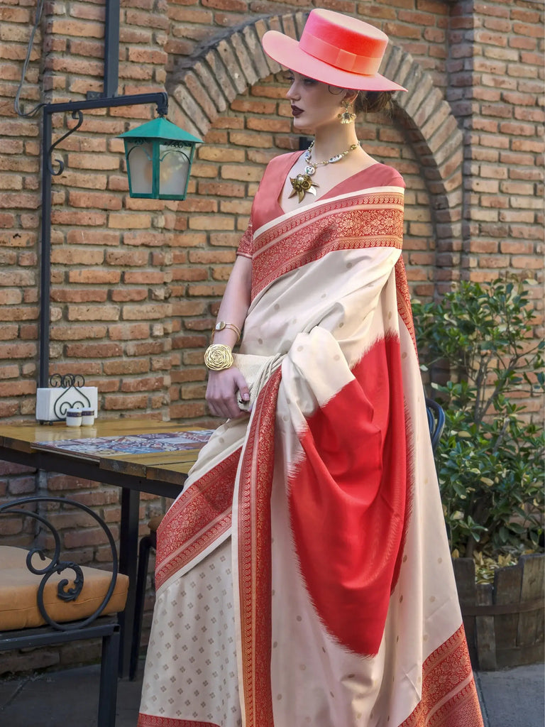 Beautiful Beige Handloom Weaving Silk Wedding Wear Saree With Blouse