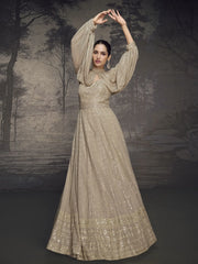 Delightful Beige Color Sequins Georgette Wedding Wear Gown With Jacket