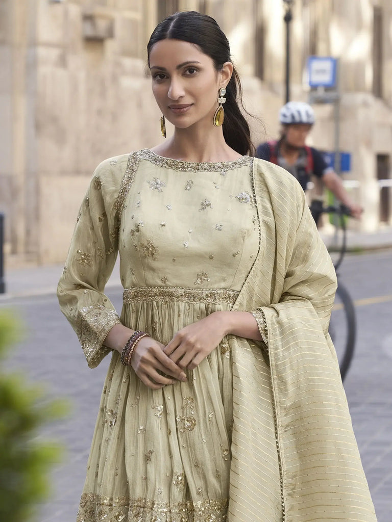 Surprising Beige Color Sequins Organza Silk Function Wear Palazzo Suit