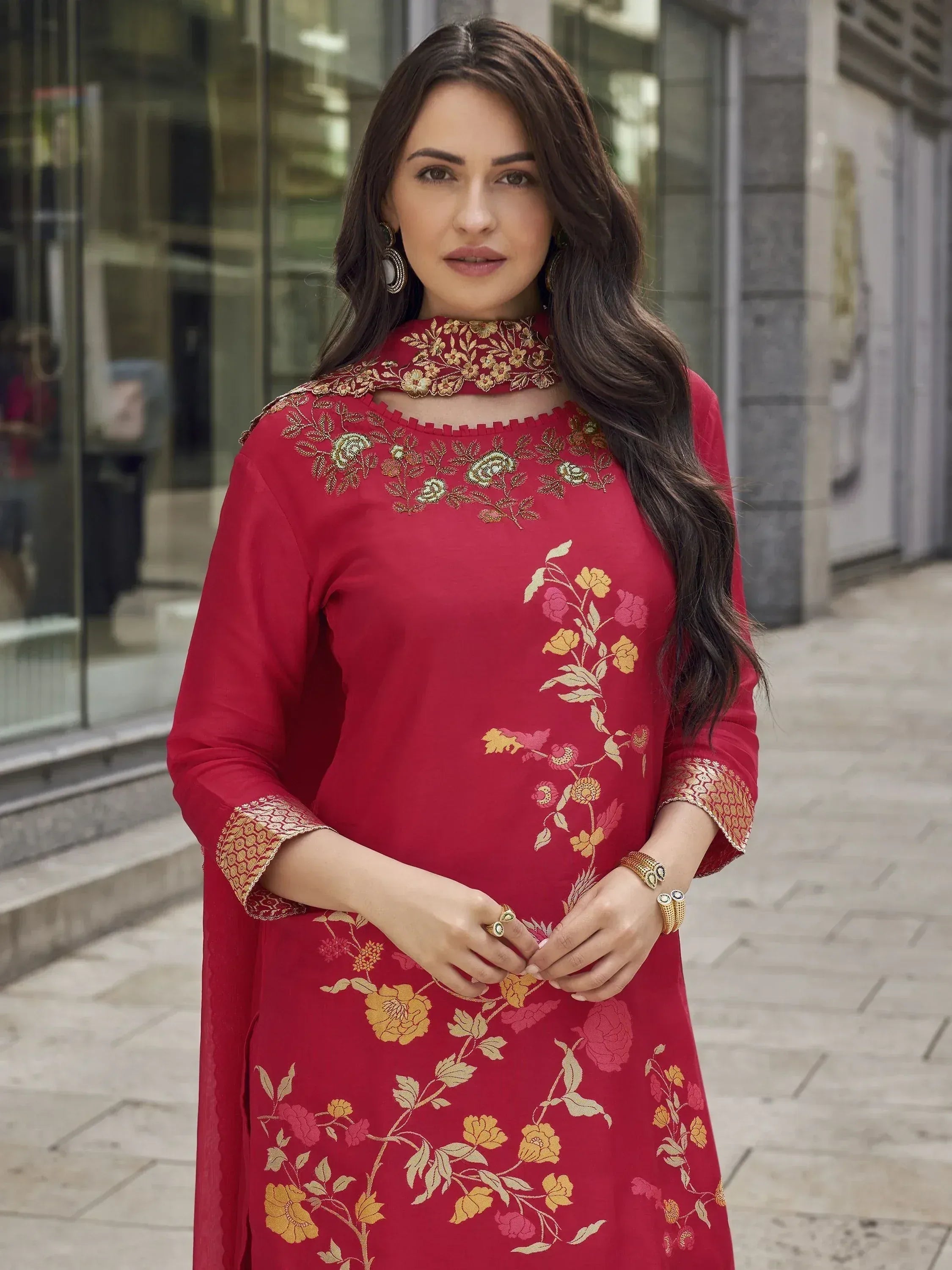 Red floral embroidered ethnic kurti with gold detailing for women