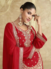 Awesome Red Embroidered Chinon Silk Function Wear Gharara Suit
