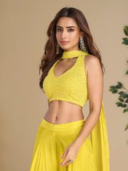 Adorning Yellow Beads Work Haldi Wear Crop Top Palazzo With Dupatta