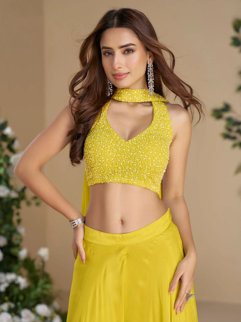 Adorning Yellow Beads Work Haldi Wear Crop Top Palazzo With Dupatta