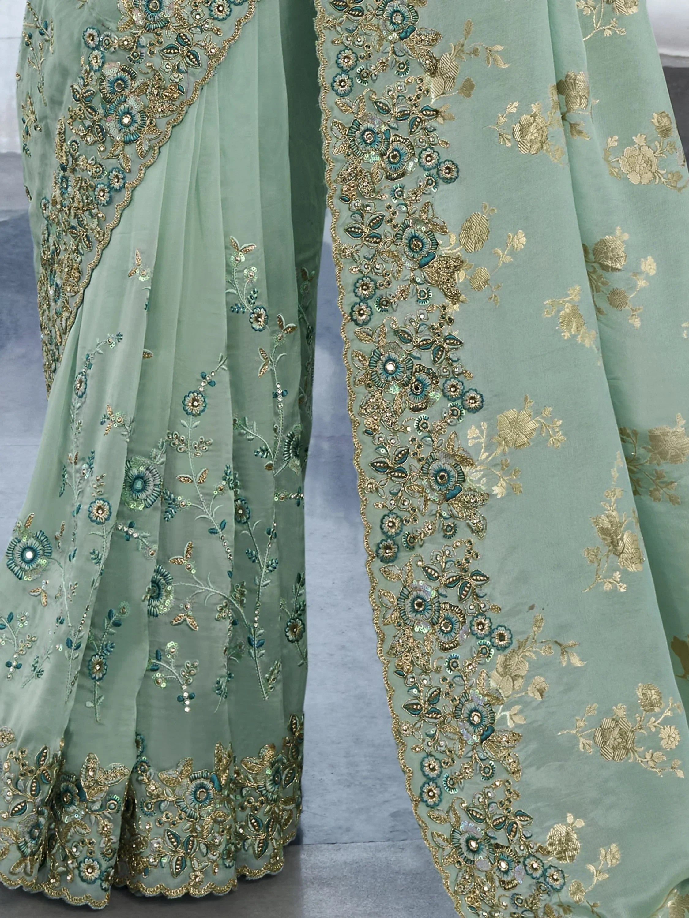 Appealing Sea Green Thread Work Organza Silk Function Wear Saree