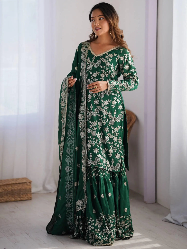 Charming Green Thread Work Chinon Mehendi Wear Sharara Suit With Dupatta