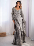 Enjoyable Grey Sequins Chinon Traditional Sharara Suit With Dupatta