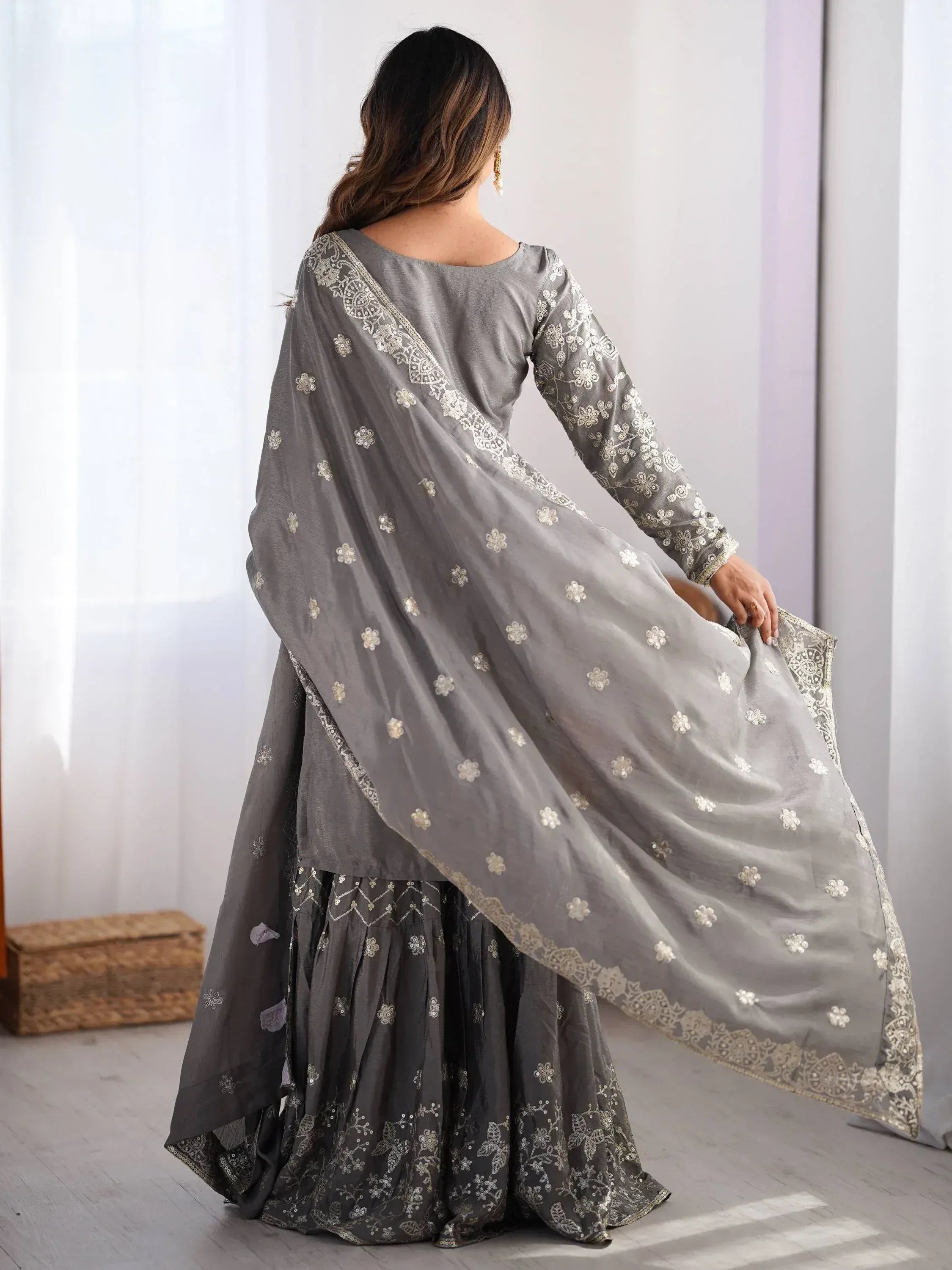 Grey embroidered salwar kameez with floral dupatta, Indian ethnic wear for women