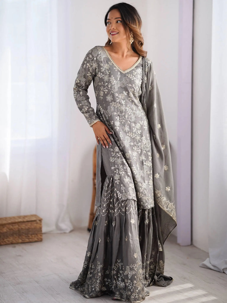 Enjoyable Grey Sequins Chinon Traditional Sharara Suit With Dupatta