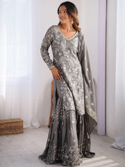 Enjoyable Grey Sequins Chinon Traditional Sharara Suit With Dupatta