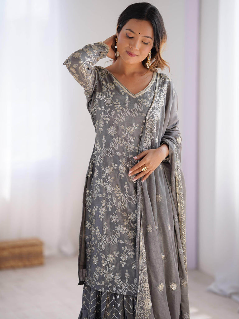 Enjoyable Grey Sequins Chinon Traditional Sharara Suit With Dupatta