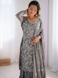 Enjoyable Grey Sequins Chinon Traditional Sharara Suit With Dupatta
