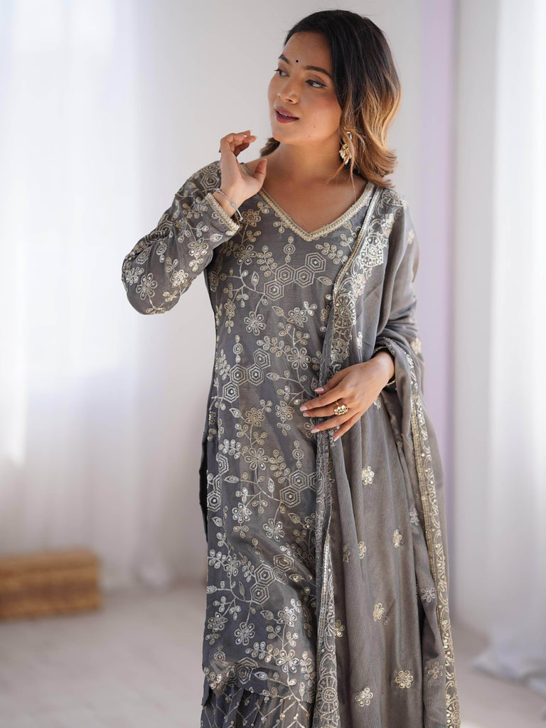 Enjoyable Grey Sequins Chinon Traditional Sharara Suit With Dupatta