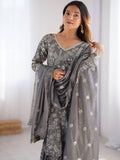 Enjoyable Grey Sequins Chinon Traditional Sharara Suit With Dupatta