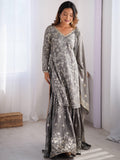 Enjoyable Grey Sequins Chinon Traditional Sharara Suit With Dupatta