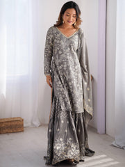 Enjoyable Grey Sequins Chinon Traditional Sharara Suit With Dupatta