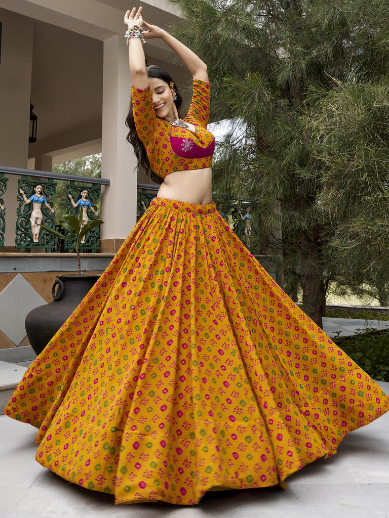 Chic Mustard Yellow Bandhej Printed Georgette Navratri Wear Lehenga Choli
