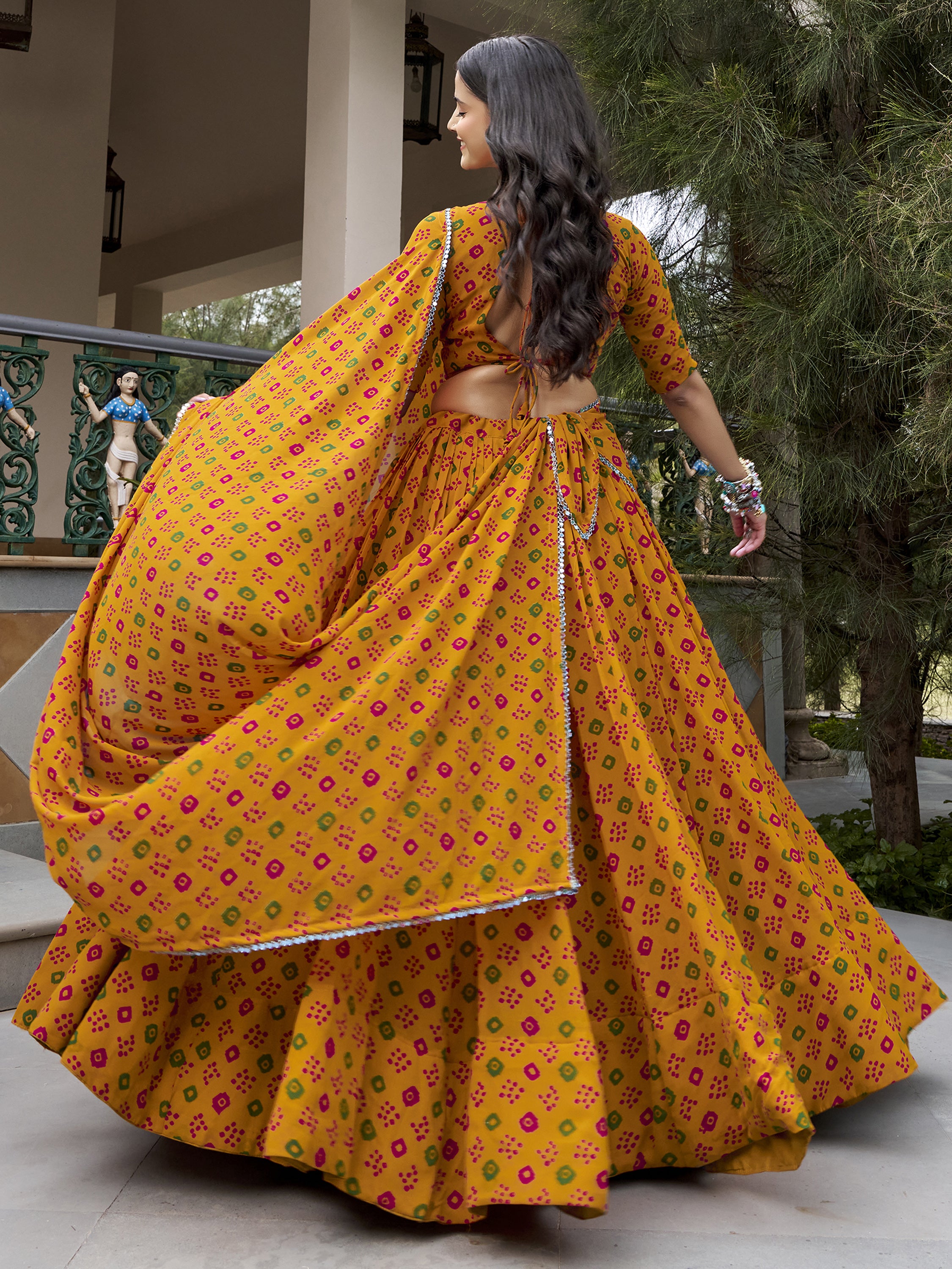 Chic Mustard Yellow Bandhej Printed Georgette Navratri Wear Lehenga Choli