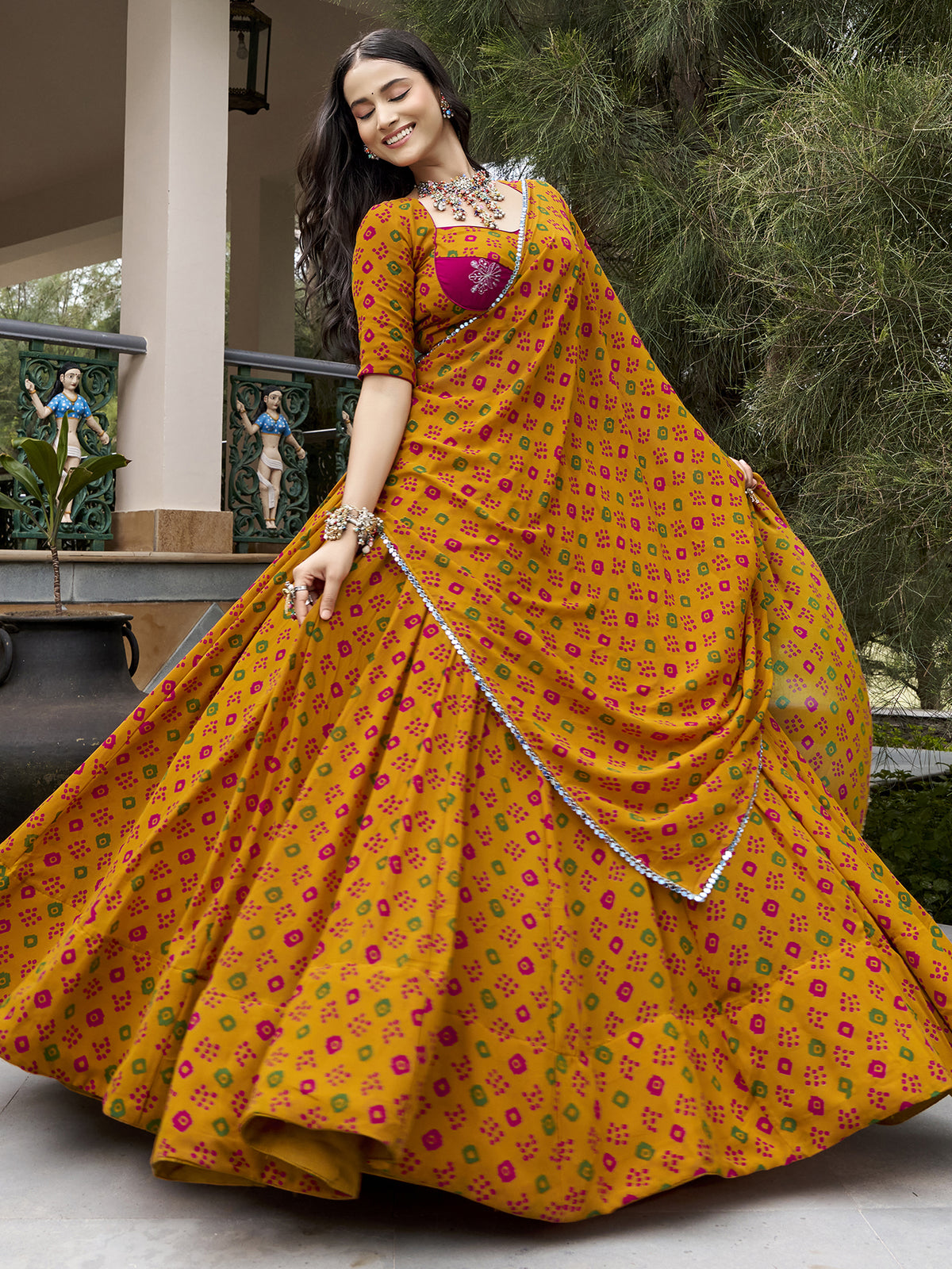 Chic Mustard Yellow Bandhej Printed Georgette Navratri Wear Lehenga Choli