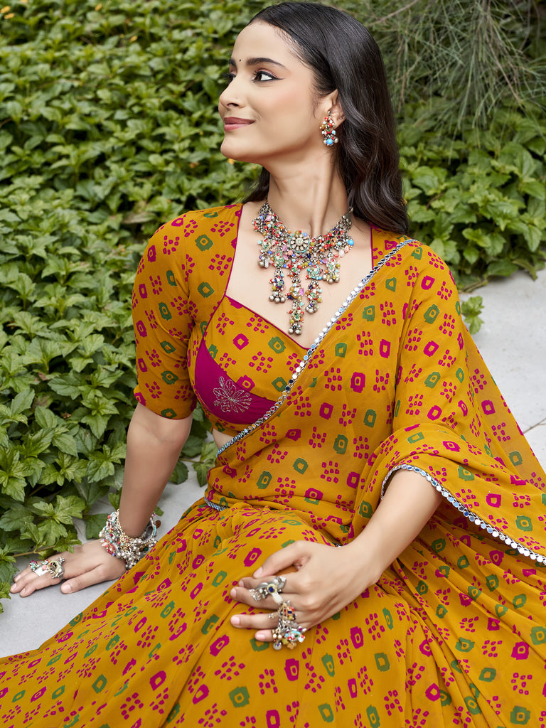 Chic Mustard Yellow Bandhej Printed Georgette Navratri Wear Lehenga Choli