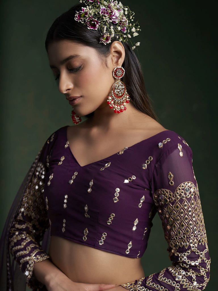 Alluring Dark Purple Zari Work georgette Wedding Wear Lehenga Choli