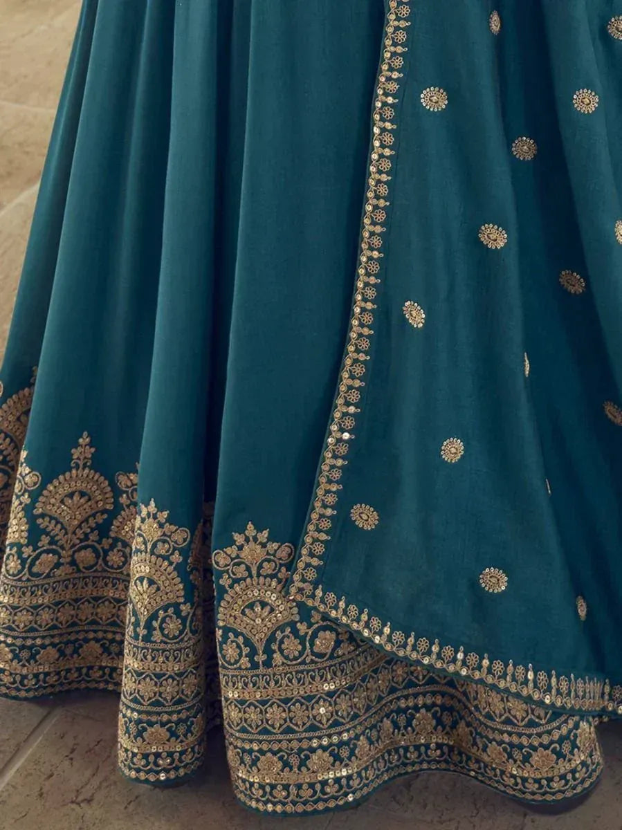 Teal lehenga with gold embroidery and sequin detailing, ethnic Indian wear