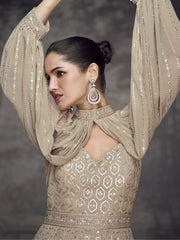 Delightful Beige Color Sequins Georgette Wedding Wear Gown With Jacket
