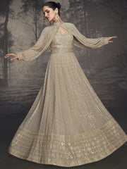 Delightful Beige Color Sequins Georgette Wedding Wear Gown With Jacket