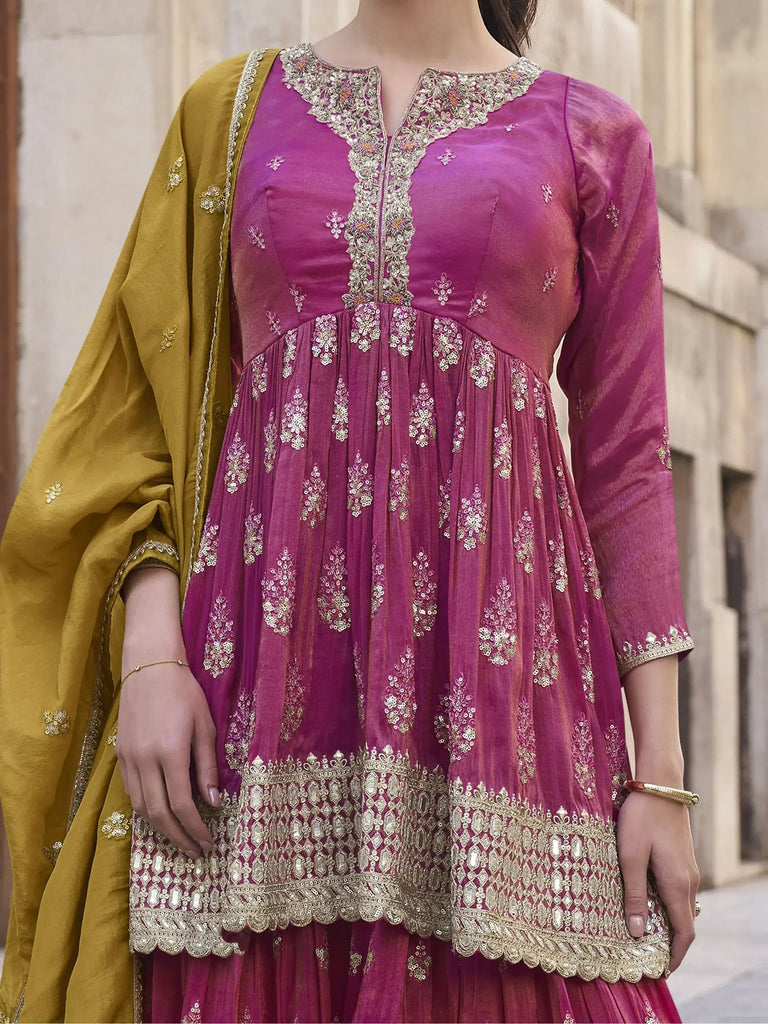 Astonishing Magenta Sequins Organza Silk Reception Wear Palazzo Suit