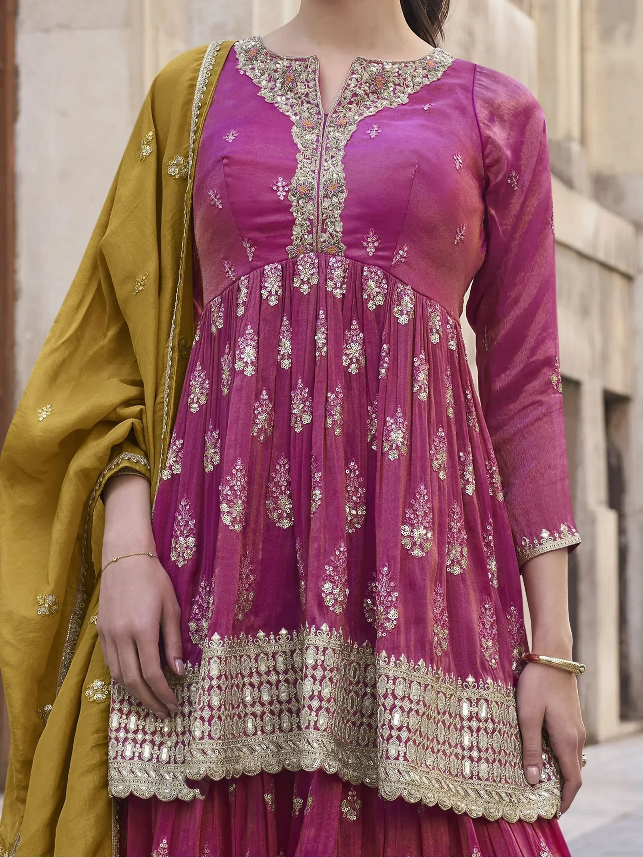 Purple embroidered anarkali with gold dupatta, Indian ethnic wear for women
