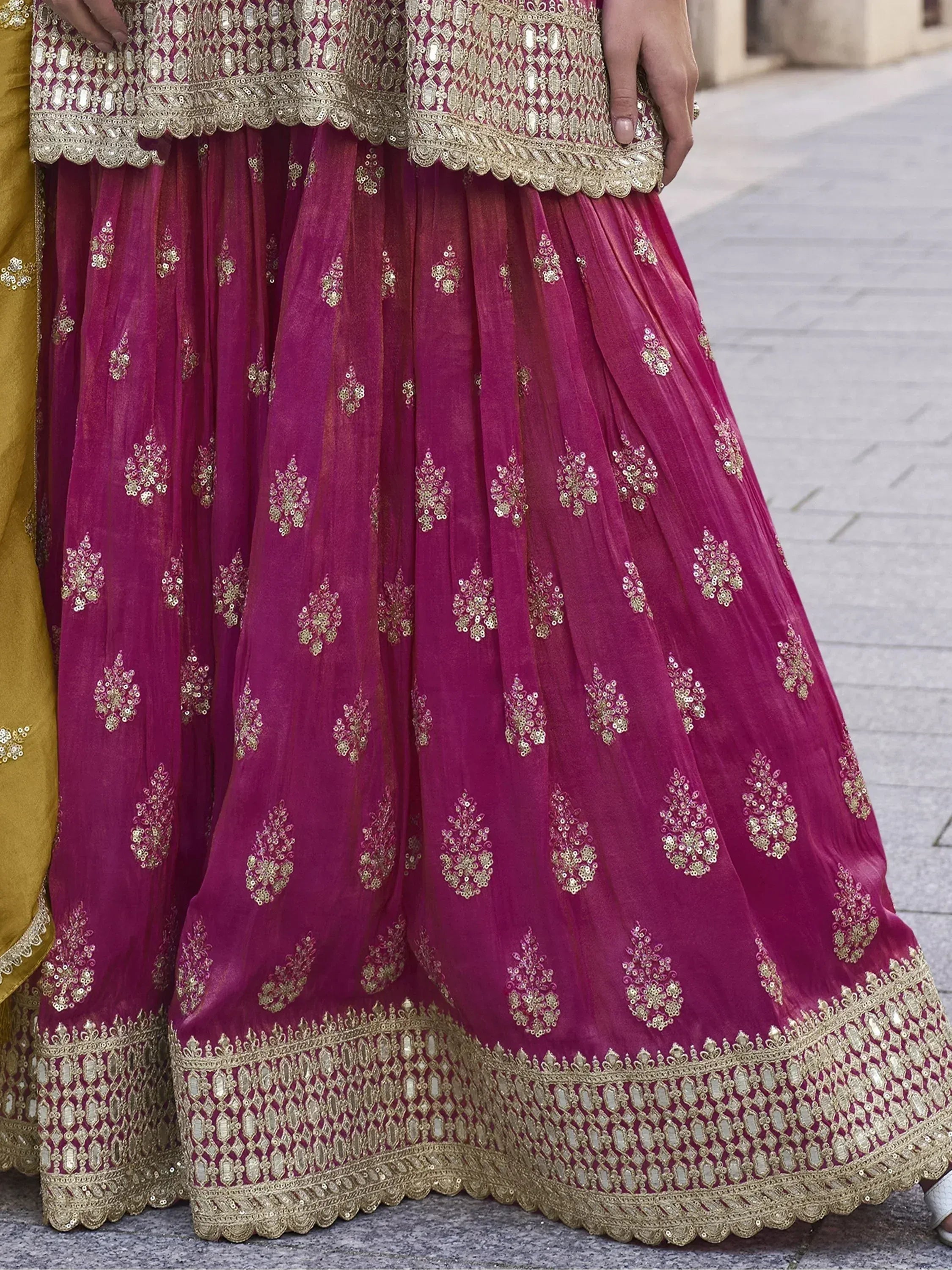 Magenta lehenga choli with gold embroidery and mirror work, Indian ethnic wear