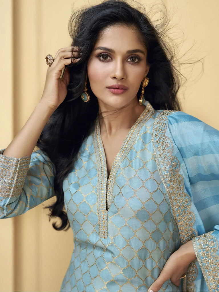 Fantastical Powder Blue Sequins Jacquard Wedding Wear Pant Suit