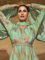 Amusing Mint Green Sequins Work Silk Reception Wear Gown With dupatta