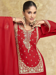 Awesome Red Embroidered Chinon Silk Function Wear Gharara Suit