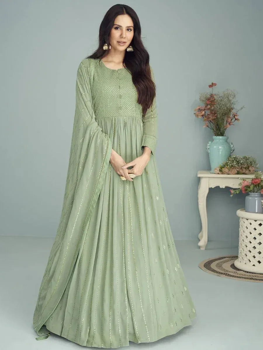 Mint green embroidered anarkali gown with flared skirt, perfect for Indian ethnic occasions