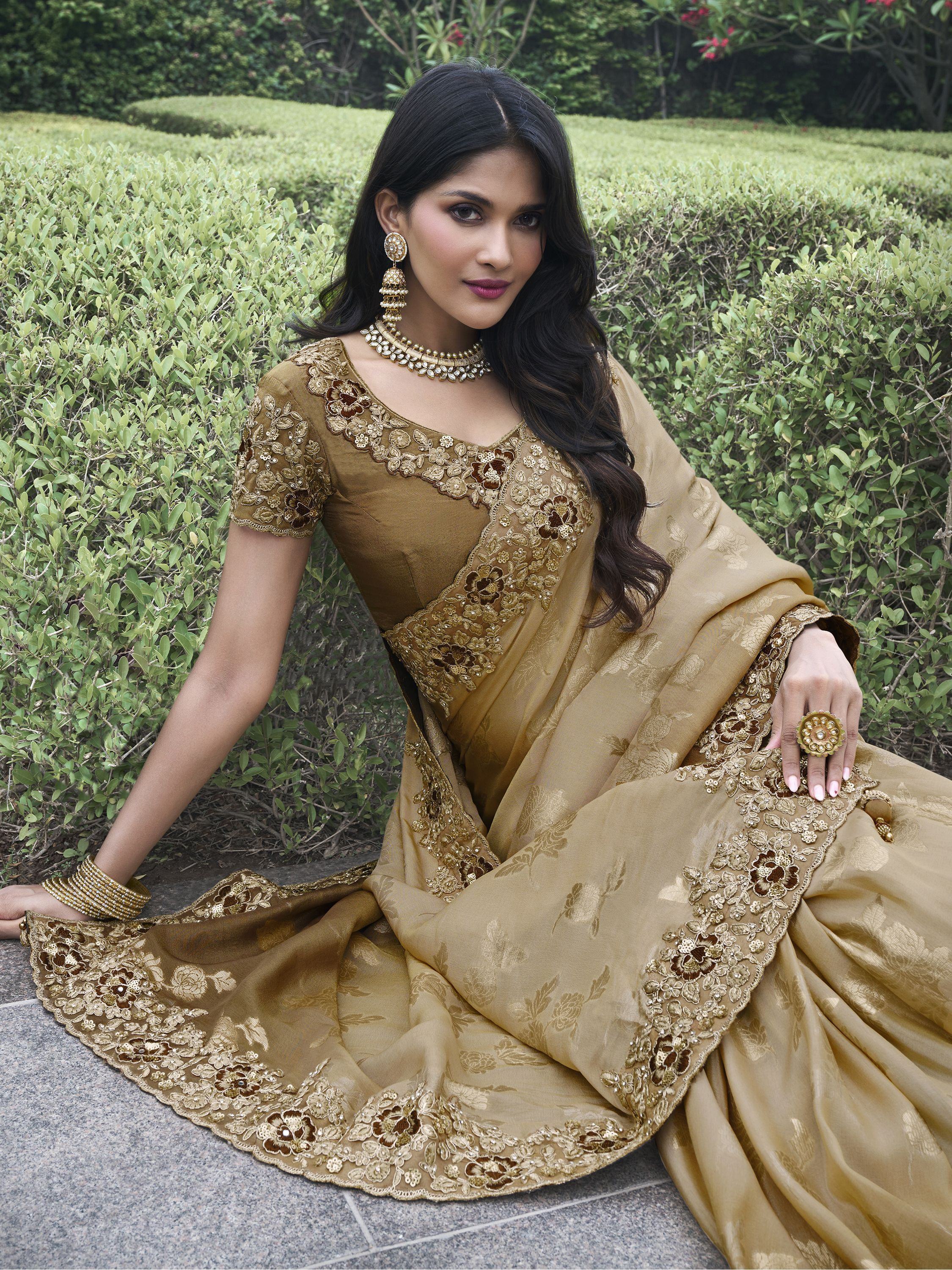Pretty Cream Heavy Border Work Organza Silk Event Wear Saree
