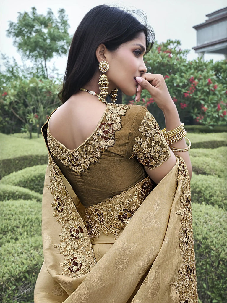 Pretty Cream Heavy Border Work Organza Silk Event Wear Saree