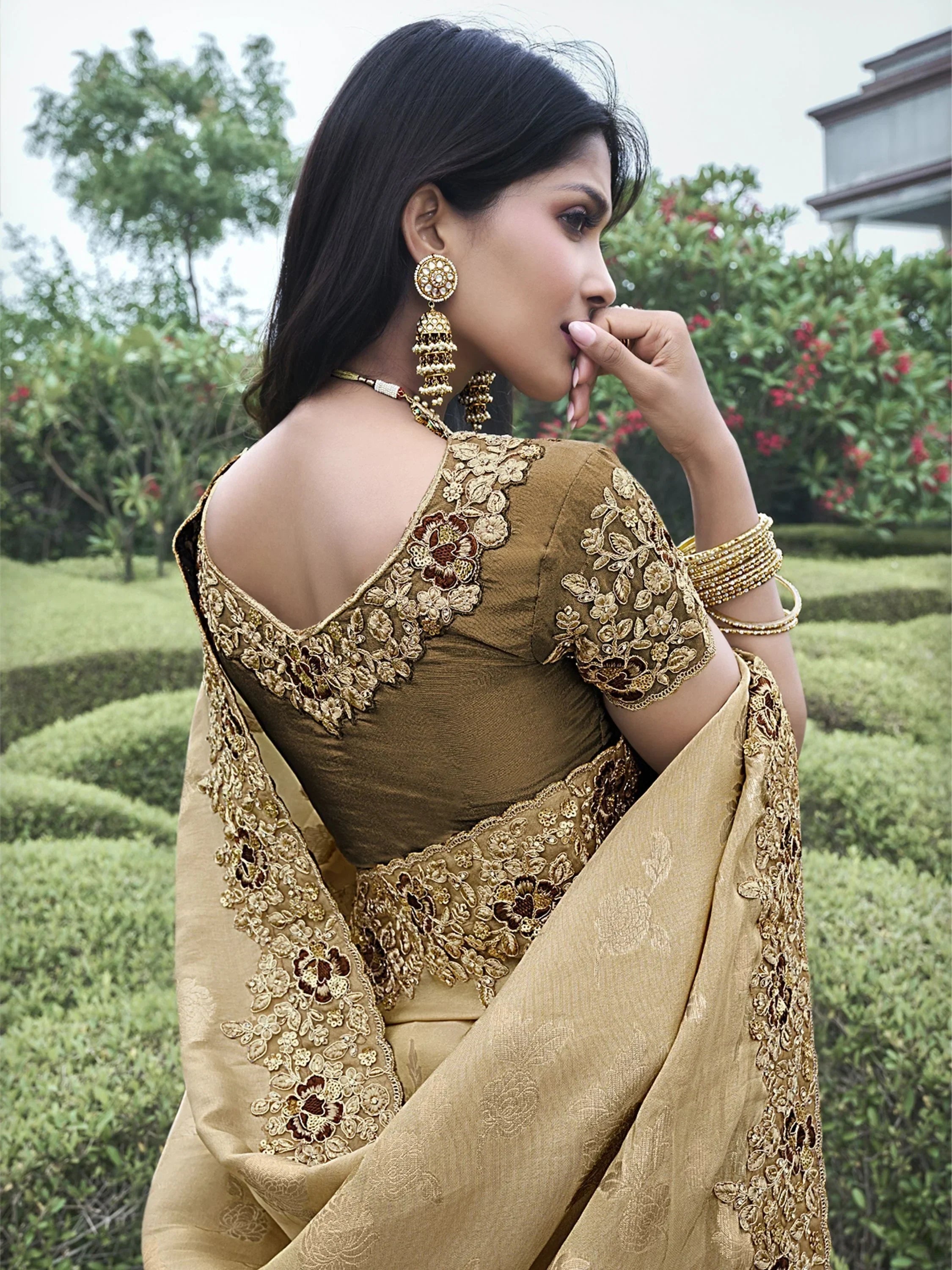 Pretty Cream Heavy Border Work Organza Silk Event Wear Saree