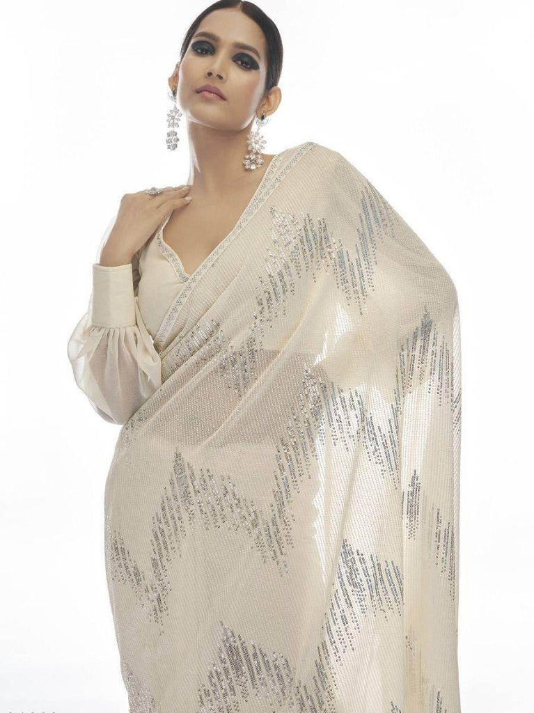 Captivating White Sequins Embroidered Georgette Saree