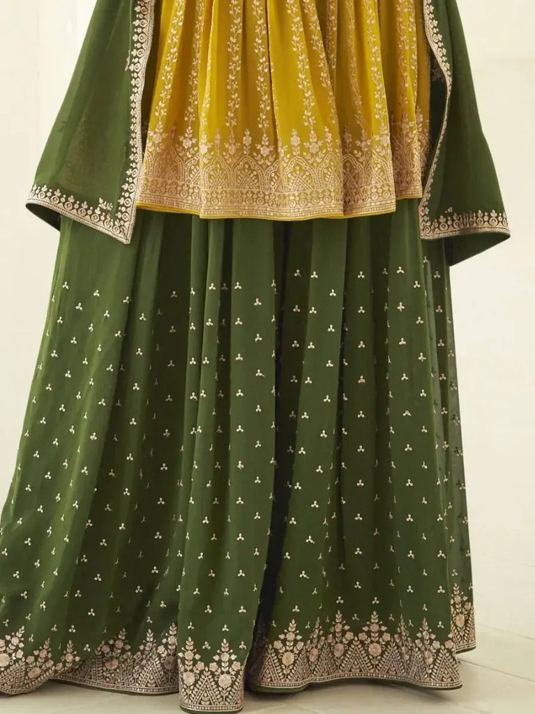 Incredible Yellow Green Thread Embroidery Georgette Palazzo Suit