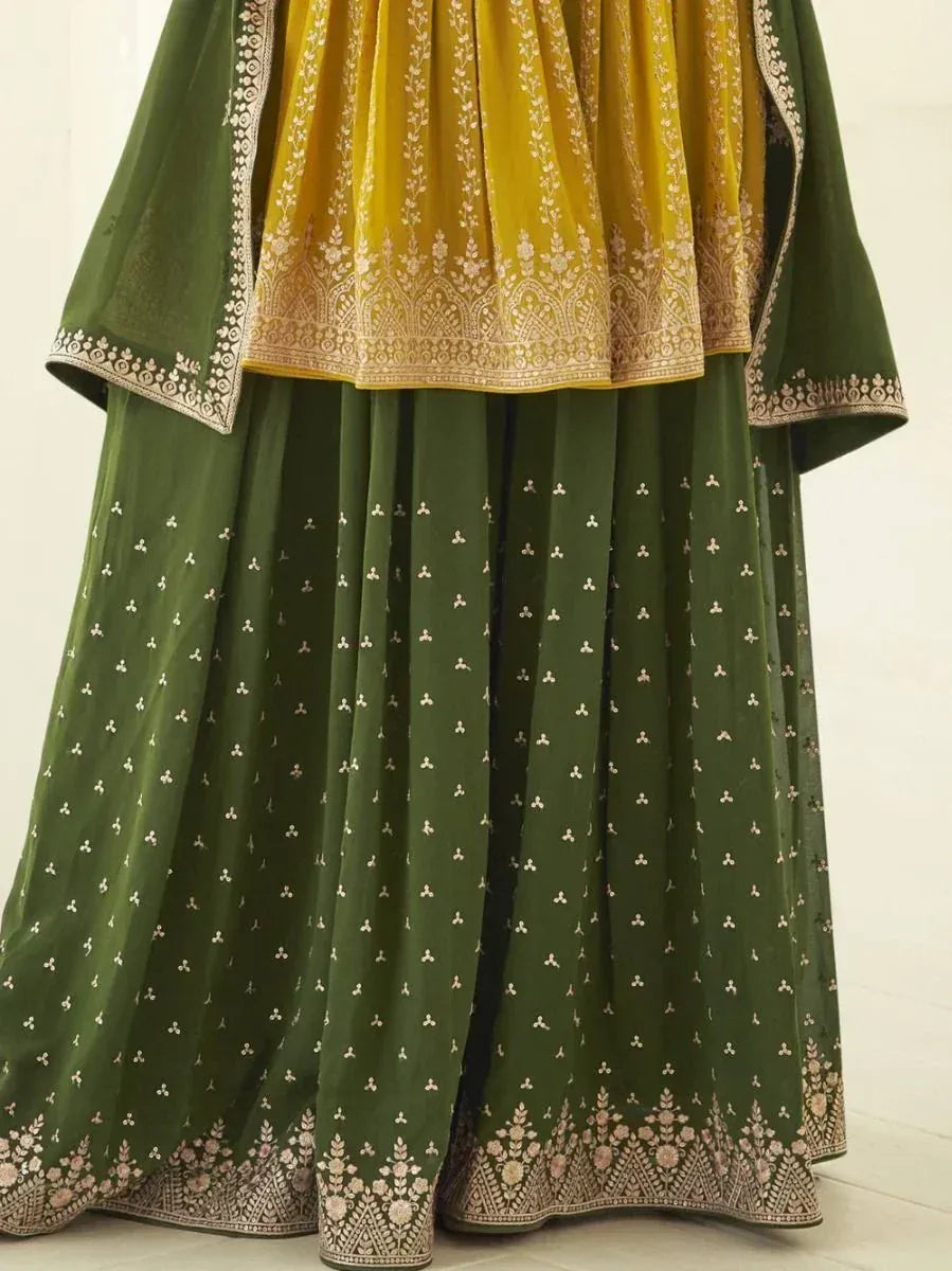 Green lehenga with gold embroidery and yellow dupatta, traditional Indian ethnic wear