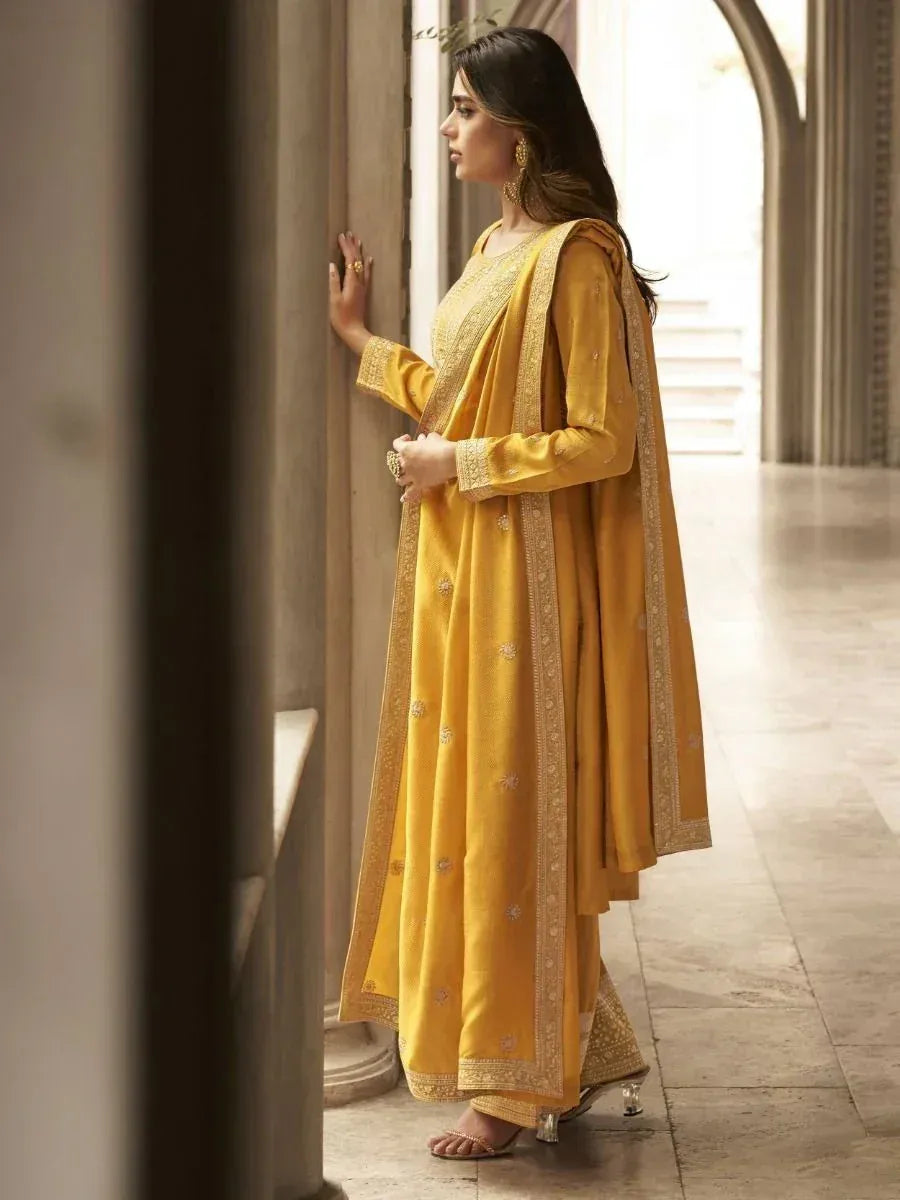 Yellow embroidered salwar kameez with dupatta, ethnic Indian wear for women