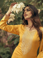 Enthralling Yellow Sequins Embroidery Silk Haldi Wear Palazzo Suit