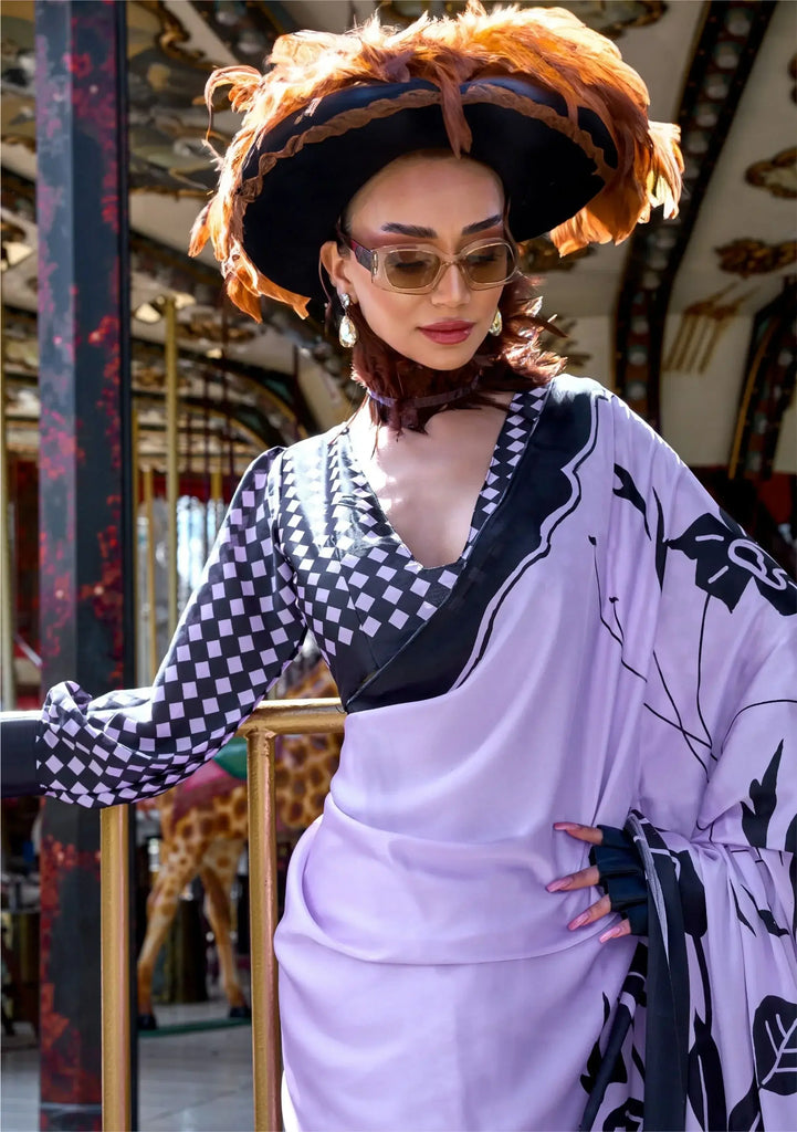 Appealing Lavender Color Printed Satin Casual Wear Saree With Blouse