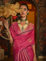 Captivating Pink Handwoven Silk Function Wear Saree With Blouse