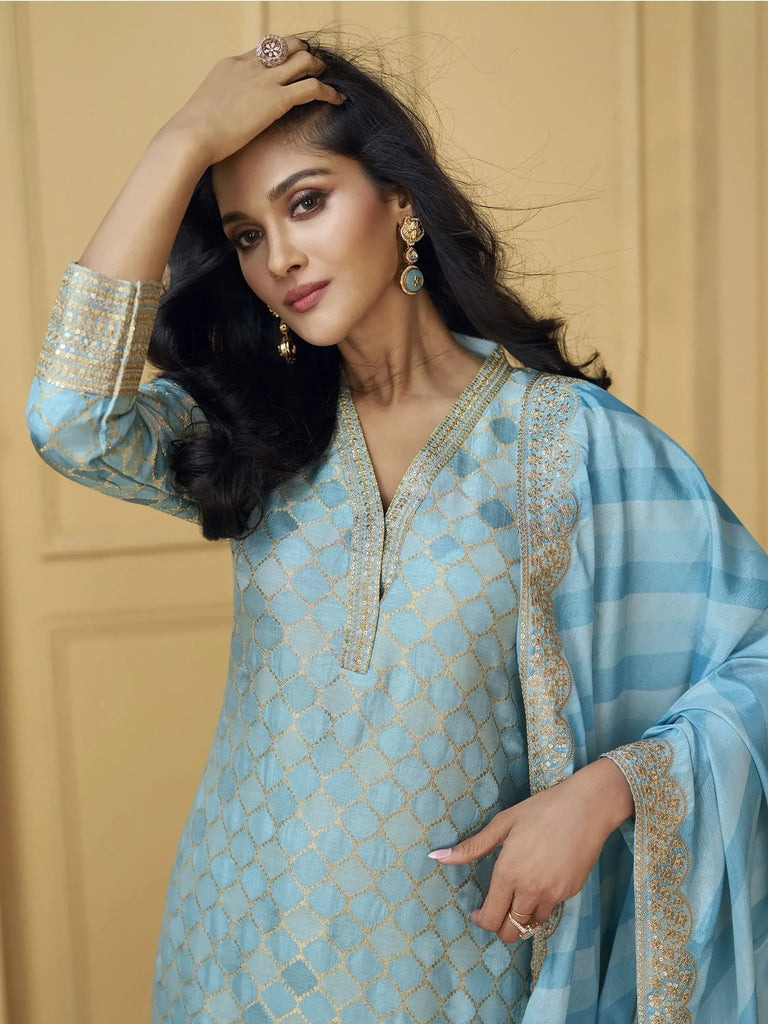 Fantastical Powder Blue Sequins Jacquard Wedding Wear Pant Suit