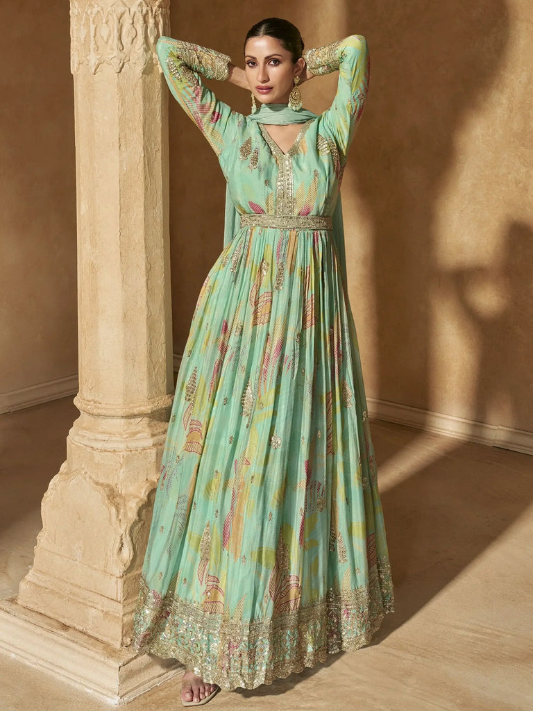 Amusing Mint Green Sequins Work Silk Reception Wear Gown With dupatta
