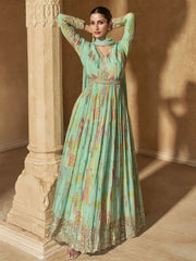 Amusing Mint Green Sequins Work Silk Reception Wear Gown With dupatta