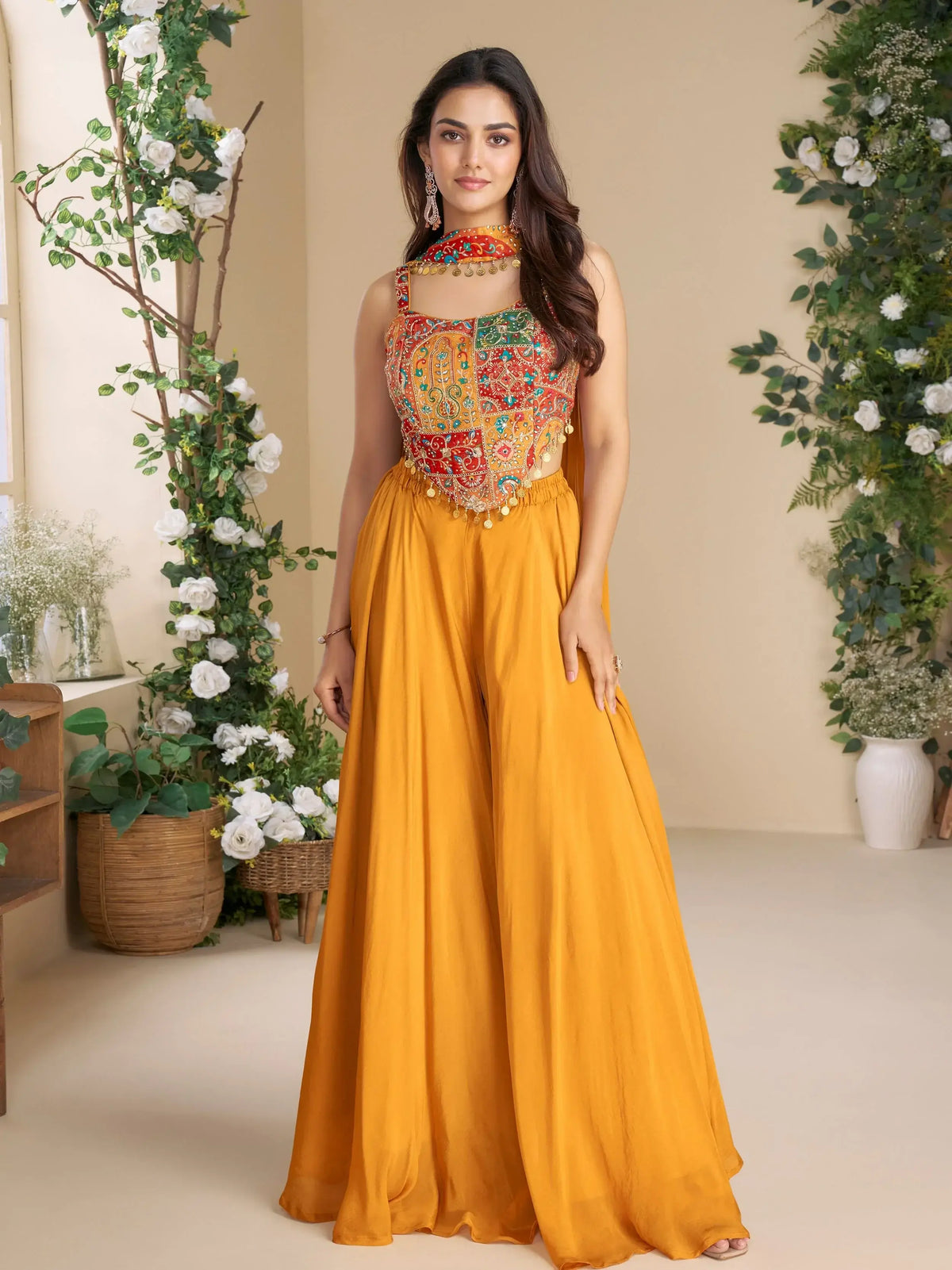 Adorable Orange Dori Embroidered Crop Top Palazzo With Dupatta