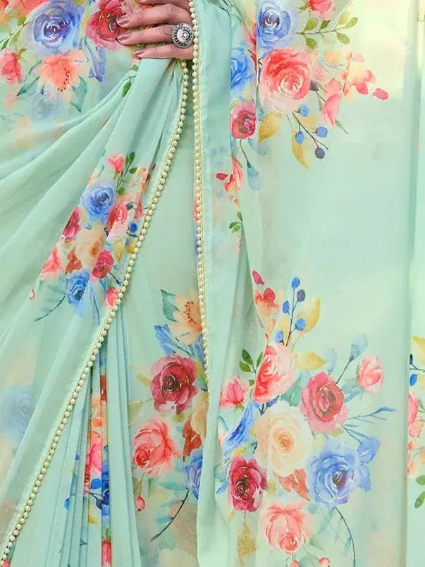 Beautiful Pista Green Floral Printed Crepe Traditional Saree With Blouse