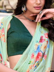Beautiful Pista Green Floral Printed Crepe Traditional Saree With Blouse